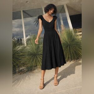Nation LTD Mina Smocked Waist Midi Dress Flutter Sleeve Black Size S Resort Wear